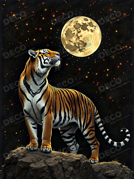 Tableau tigre féerique - Illustration nocturne entre lune et étoiles