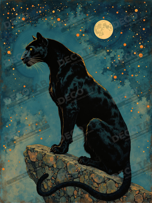 Tableau panthère noire féerique - Illustration magique sous un ciel étoilé