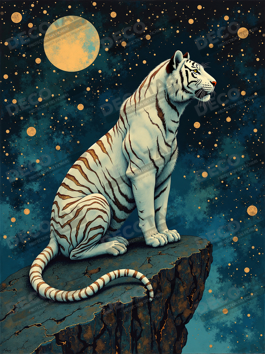 Tableau tigre féerique - Illustration nocturne entre lune et étoiles