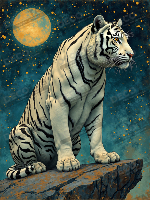 Tableau tigre féerique - Illustration nocturne entre lune et étoiles