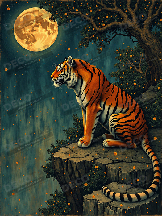 Tableau tigre féerique - Illustration nocturne entre lune et étoiles