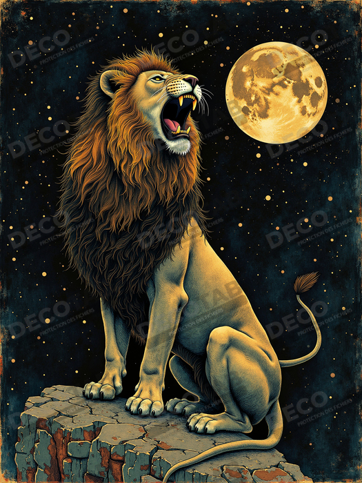 Tableau lion féerique - Portrait magique sous une nuit étoilée