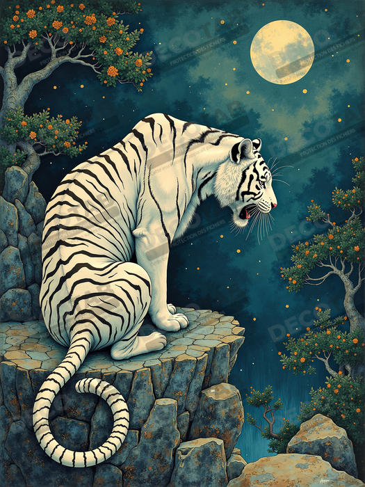 Tableau tigre féerique - Illustration nocturne entre lune et étoiles