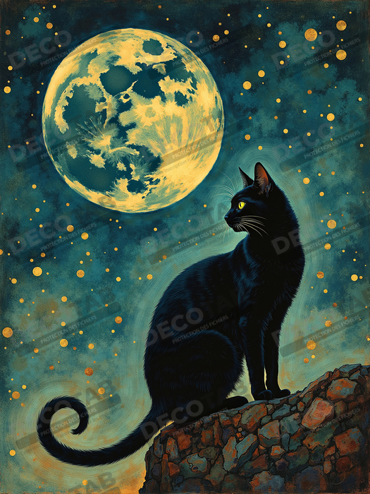Tableau chat féerique - Illustration magique dans un univers étoilé