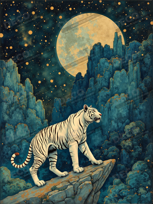Tableau tigre féerique - Illustration nocturne entre lune et étoiles