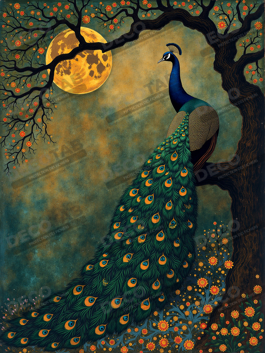 Tableau paon féerique - Illustration magique et colorée sous un ciel étoilé