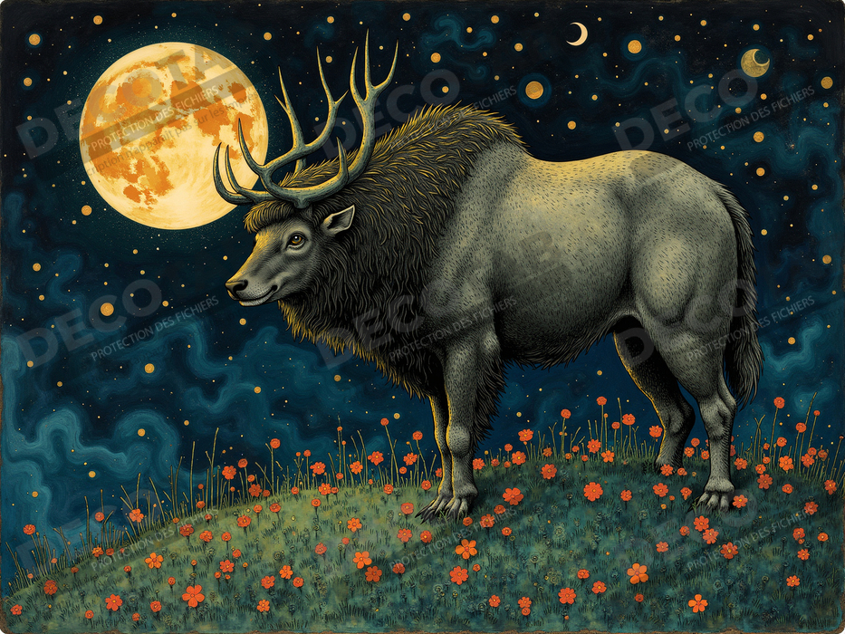 Tableau illustré cerf majestueux sous les étoiles