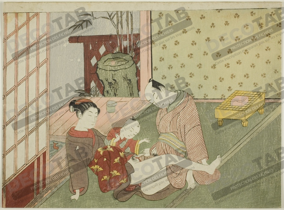 Reproduction Lovers with Young Attendant Looking on, d'une série sans titre d'estampes érotiques de Suzuki Harunobu
