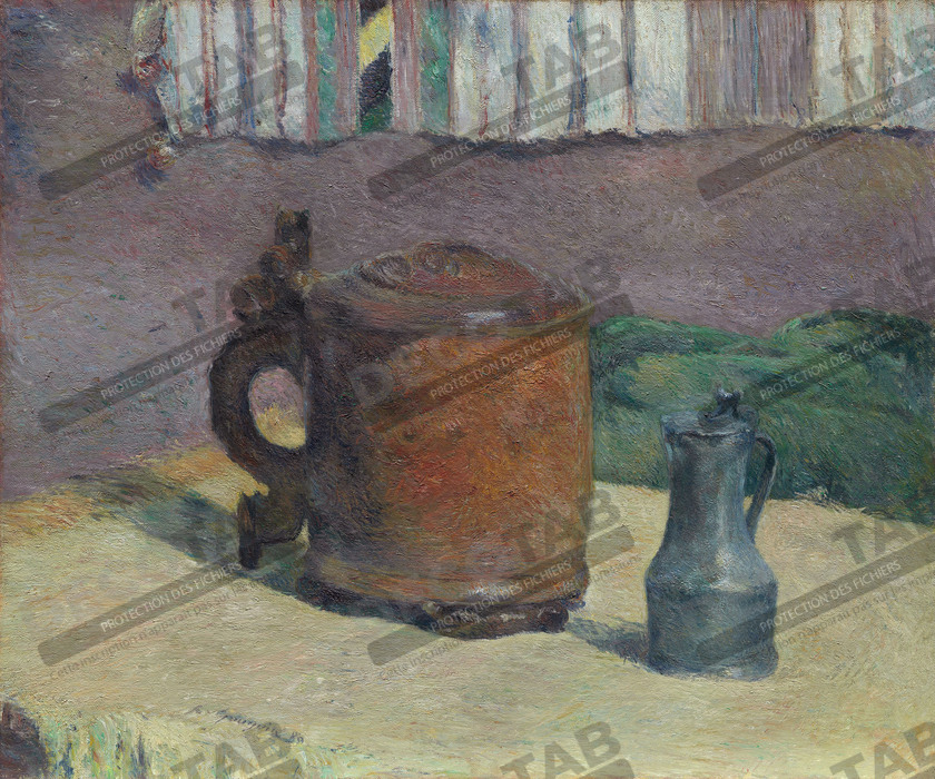 Reproduction Nature morte : chope en bois et pichet en métal de Paul Gauguin
