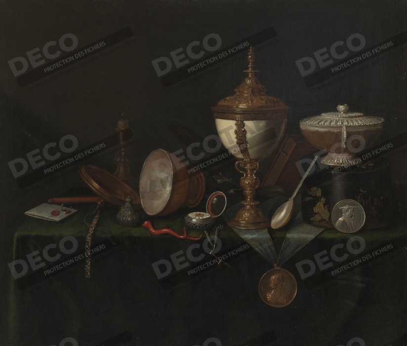 Reproduction Nature morte avec coquetier d'autruche et les héritages de Whitfield de Pieter Gerritsz. van Roestraeten