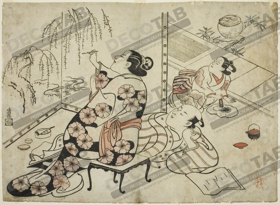 Reproduction Courtisane peignant un écran, d'une série de 12 gravures érotiques de Torii Kiyonobu I