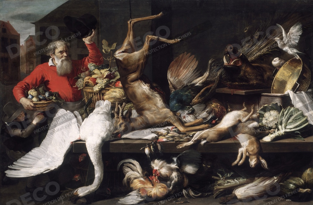 Reproduction Nature morte au gibier mort, fruits et légumes dans un marché de Frans Snyders