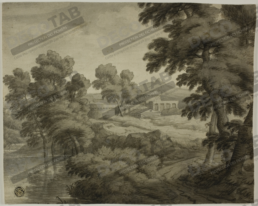 Reproduction Paysage à l'italienne avec château, arbres et eau en premier plan de School of Nicolas Poussin