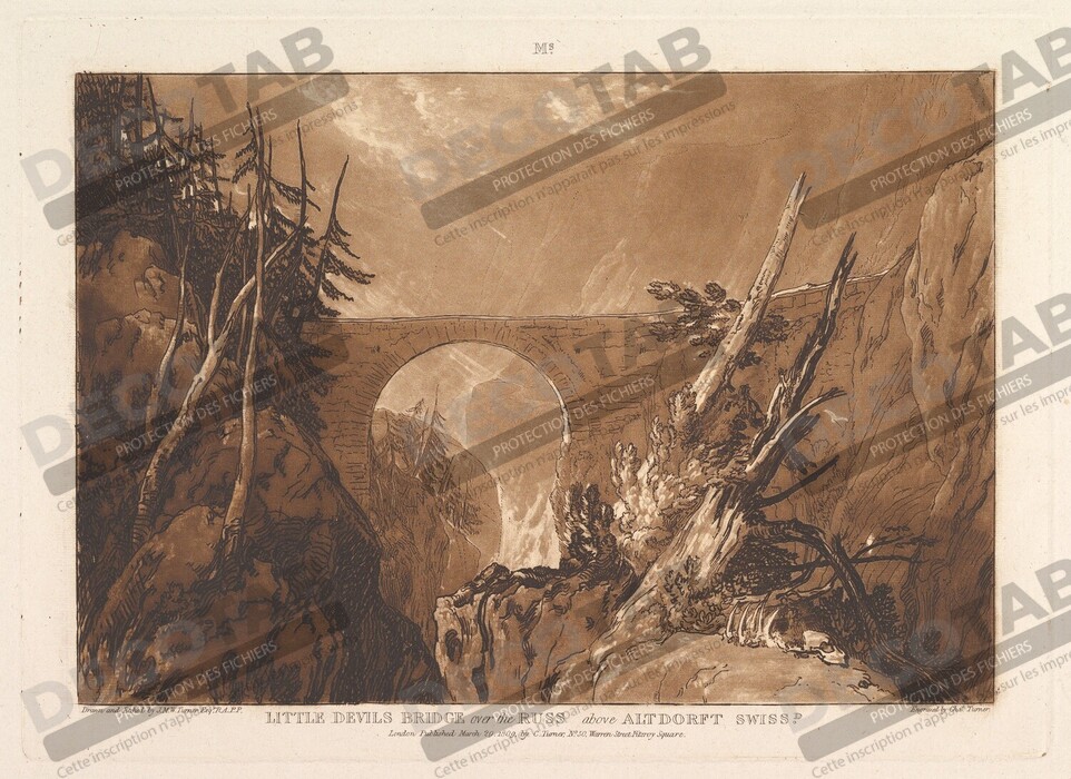 Reproduction Petit Pont du Diable sur le Russ, au-dessus d'Altdorft, Suisse (Liber Studiorum, partie IV, planche 19) de Joseph Mallord William Turner