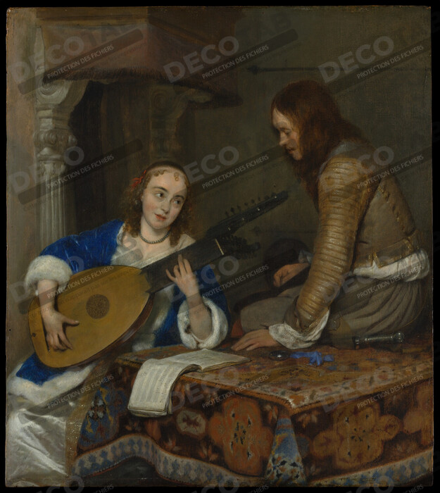 Reproduction Une femme jouant du théorbe-luth et un cavalier de Gerard ter Borch the Younger