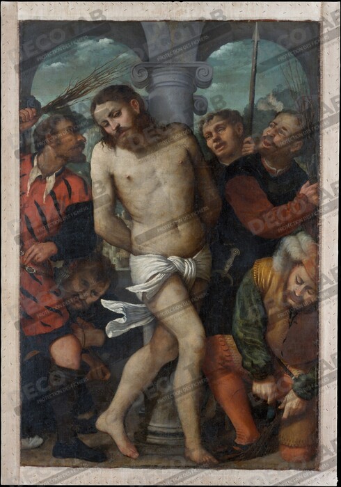 Reproduction la flagellation ; (revers) La Vierge de la Miséricorde de Girolamo Romanino