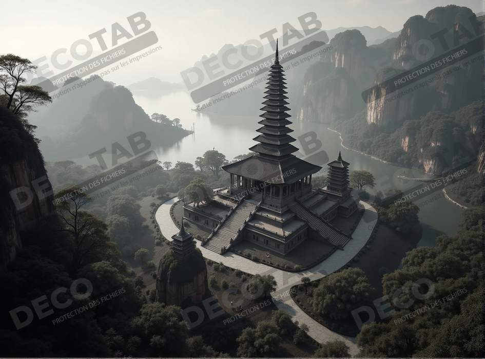 Pagode asiatique dans un paysage de montagnes