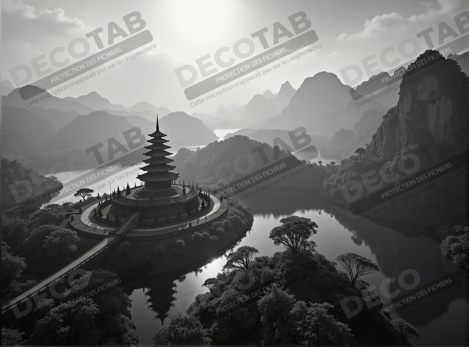 Pagode asiatique dans un paysage de montagnes