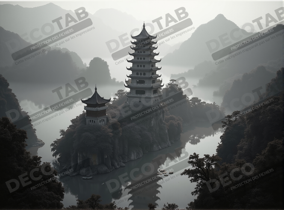 Pagode asiatique dans un paysage de montagnes
