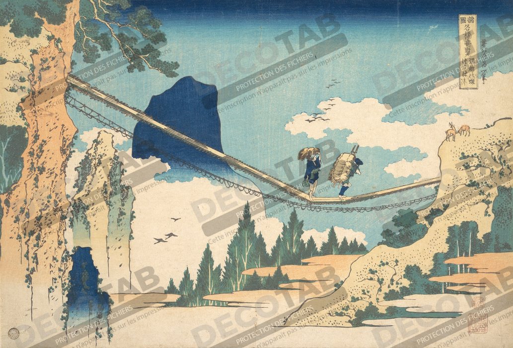 Reproduction Le pont suspendu à la frontière des provinces de Hida et d'Etchū (Hietsu no sakai tsuribashi), de la série Vues remarquables des ponts dans diverses provinces (Shokoku meikyō kiran) de Katsushika Hokusai