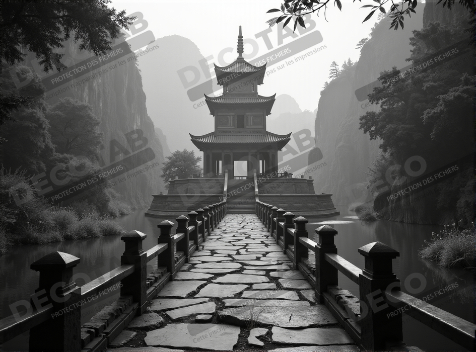 Pagode asiatique dans un paysage de montagnes