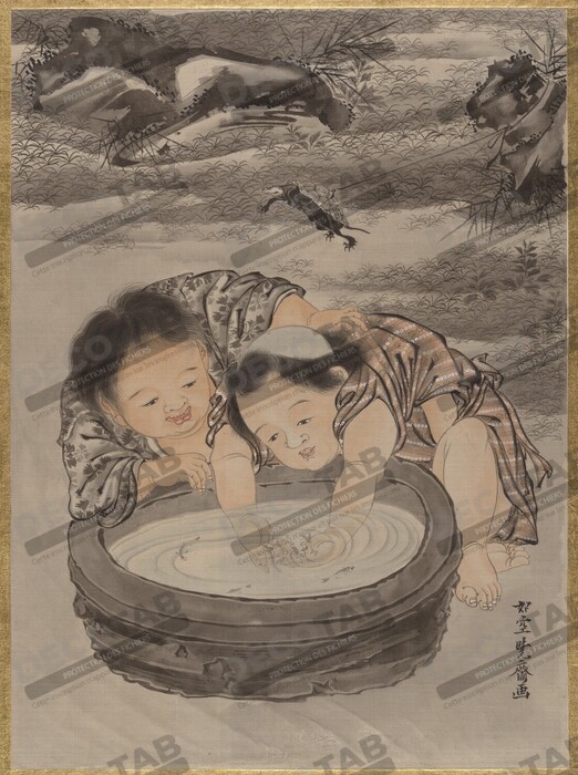Reproduction Deux enfants jouant avec des poissons rouges de Kawanabe Kyōsai 河鍋暁斎
