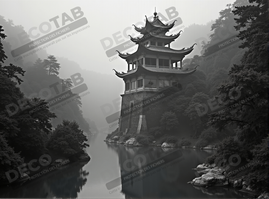 Pagode asiatique dans un paysage de montagnes