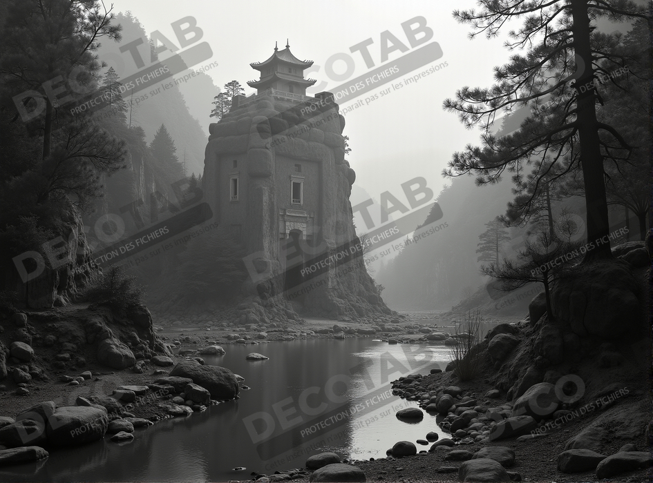 Pagode asiatique dans un paysage de montagnes
