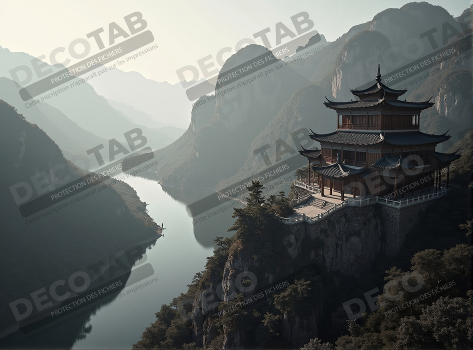 Pagode asiatique dans un paysage de montagnes