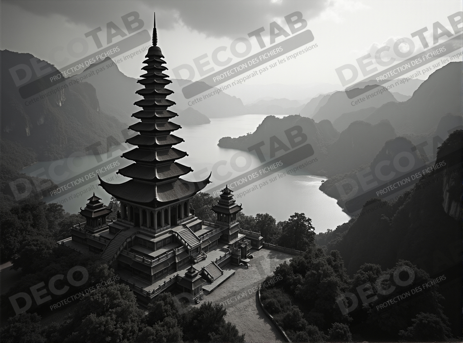 Pagode asiatique dans un paysage de montagnes