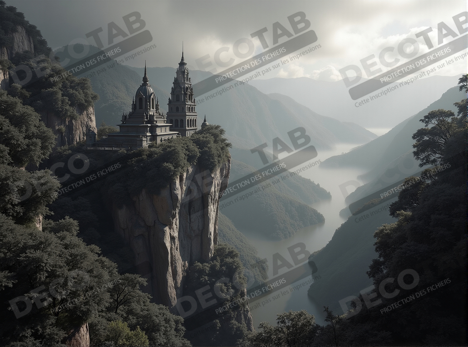 Pagode asiatique dans un paysage de montagnes