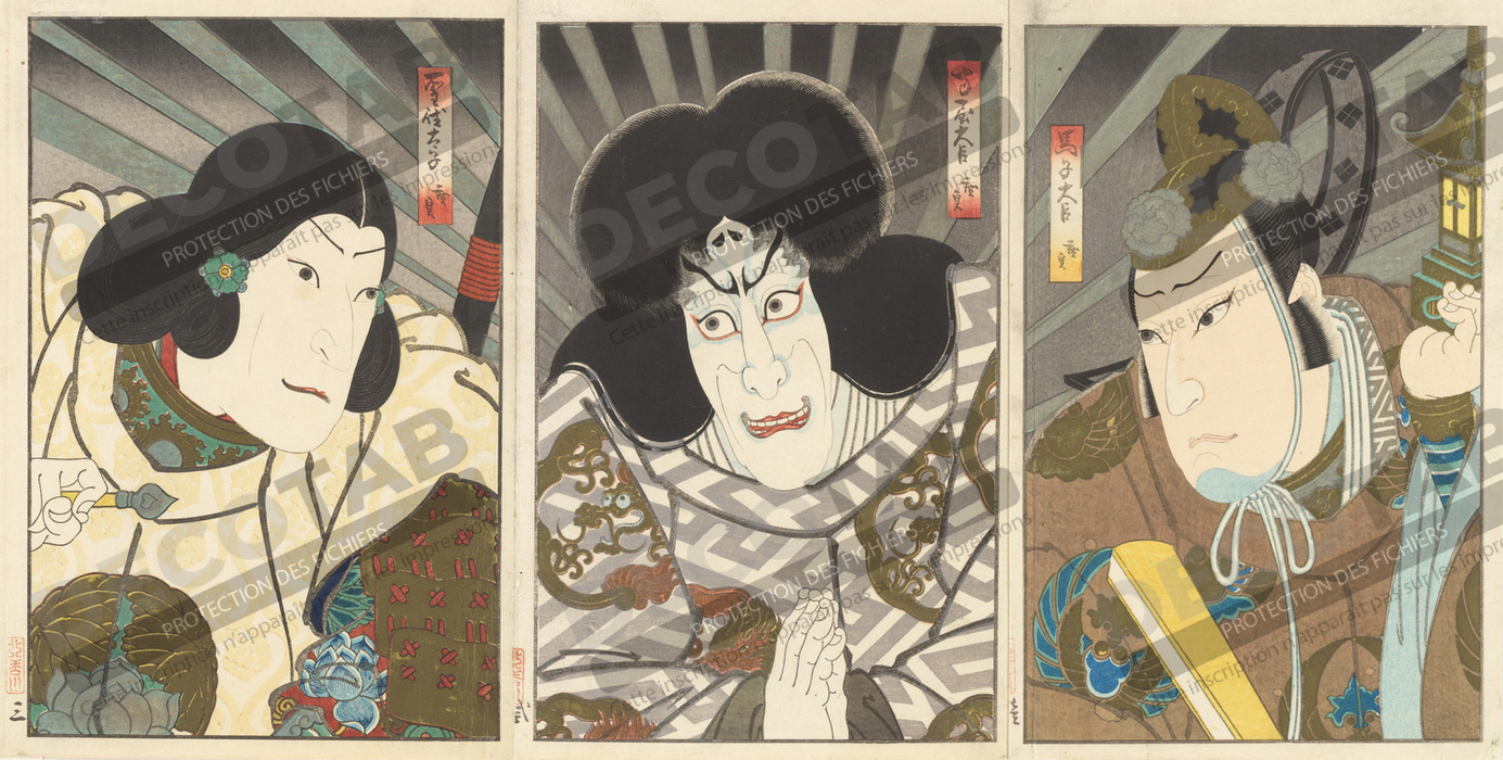 Reproduction Les acteurs Mimasu Daigorō IV dans le rôle d'Umako Daijin (à droite), Ichikawa Ebizō V dans le rôle d'Umaya Daijin (au centre) et Jitsukawa Ensaburō dans le rôle du prince Shōtoku (à gauche) de Gosōtei Hirosada 五粽亭広貞