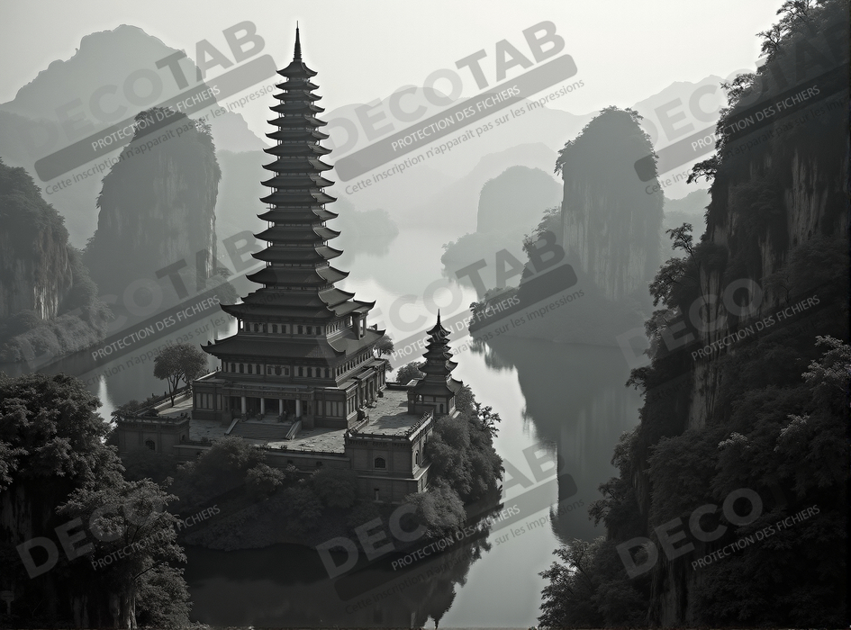 Pagode asiatique dans un paysage de montagnes