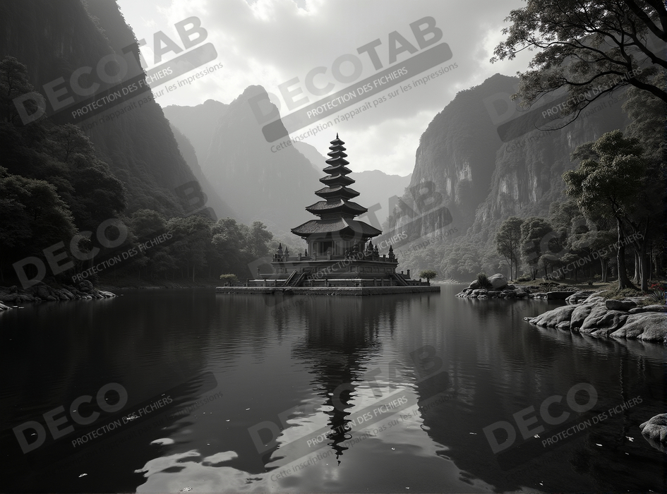 Pagode asiatique dans un paysage de montagnes