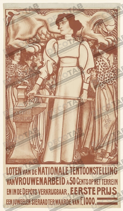 Reproduction Travail pour la femme. Billets de l'Exposition Nationale du Travail Féminin à 50 centimes disponibles sur place et dans les Dépôts. Premier prix un bijou d'une valeur de f.1000,- de Jan Toorop