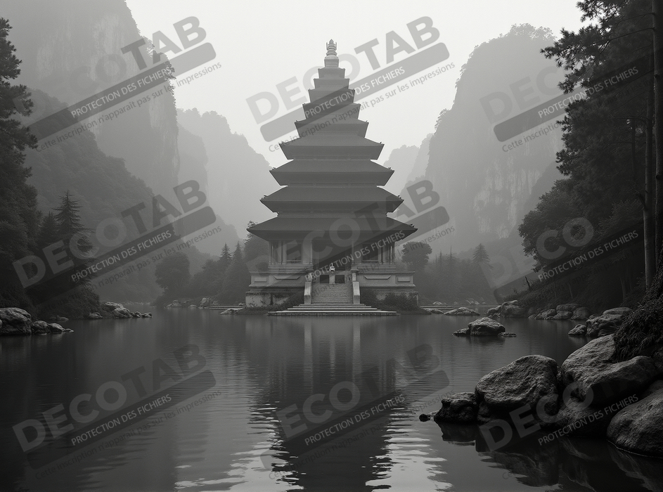 Pagode asiatique dans un paysage de montagnes