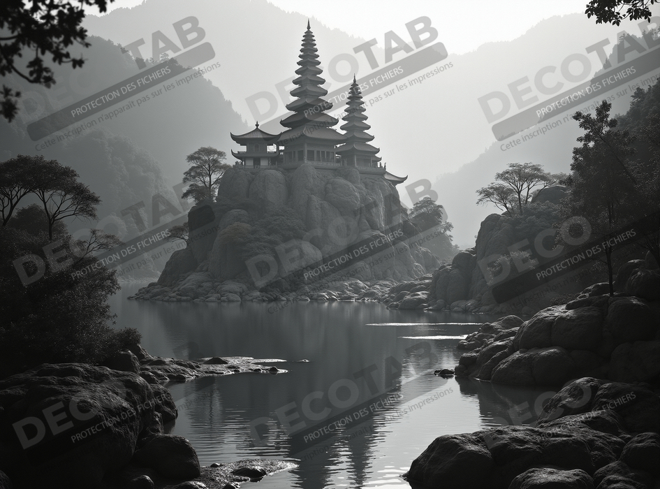 Pagode asiatique dans un paysage de montagnes