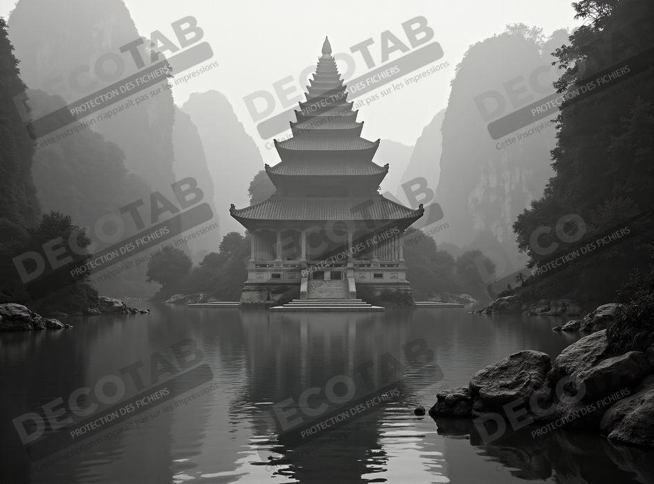 Pagode asiatique dans un paysage de montagnes