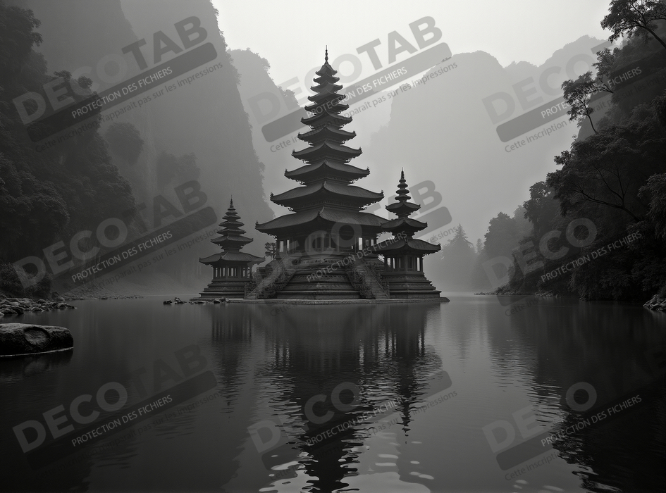 Pagode asiatique dans un paysage de montagnes