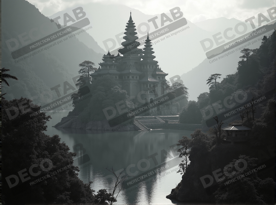 Pagode asiatique dans un paysage de montagnes
