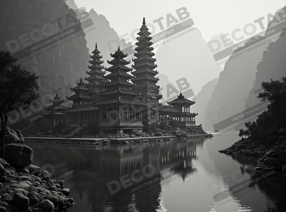 Pagode asiatique dans un paysage de montagnes