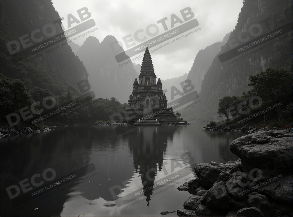 Pagode asiatique dans un paysage de montagnes