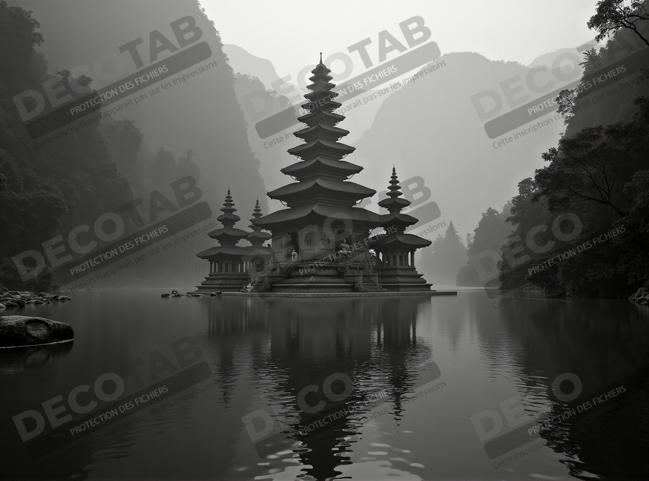 Pagode asiatique dans un paysage de montagnes