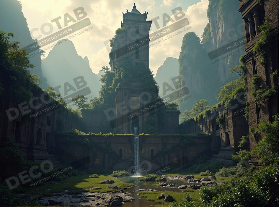 Pagode asiatique dans un paysage de montagnes