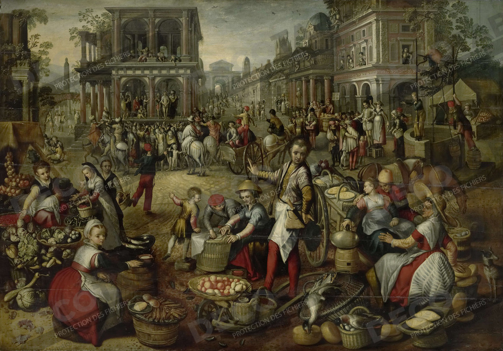 Reproduction Place du marché, avec la Flagellation, l'Ecce Homo et le Portement de Croix en arrière-plan de Joachim Bueckelaer