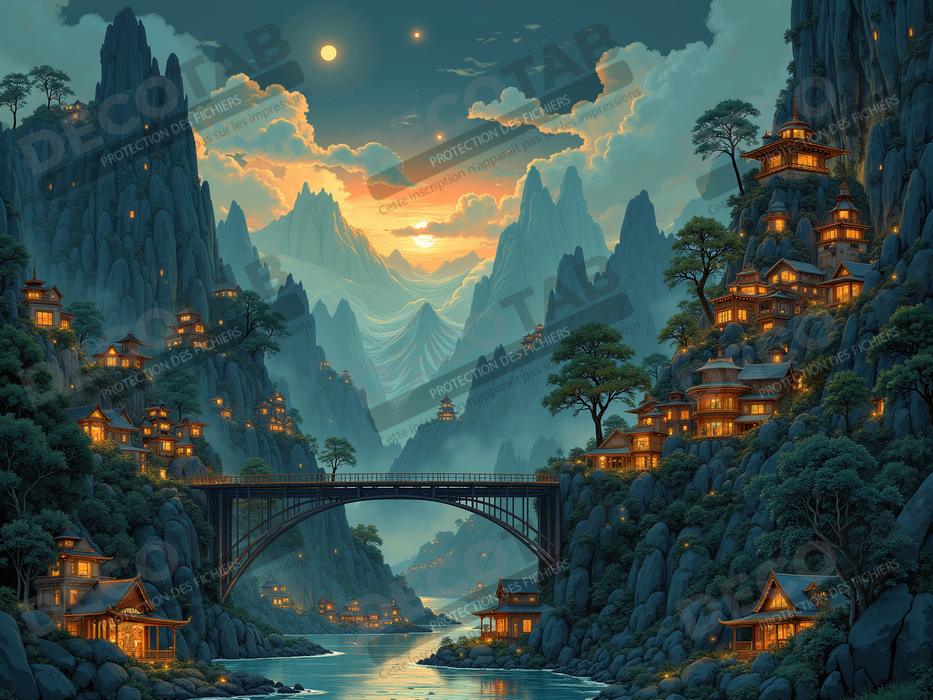 Tableau paysage fantastique : les montagnes bleues