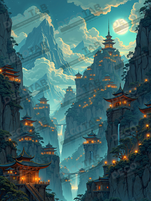Tableau paysage fantastique : les montagnes bleues