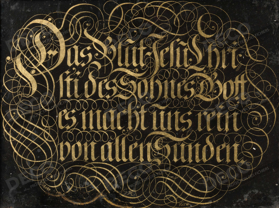 Reproduction Peinture sous verre avec dicton calligraphié : Le sang de Jésus-Christ, le Fils de Dieu, nous purifie de tout péché de Johann G. M