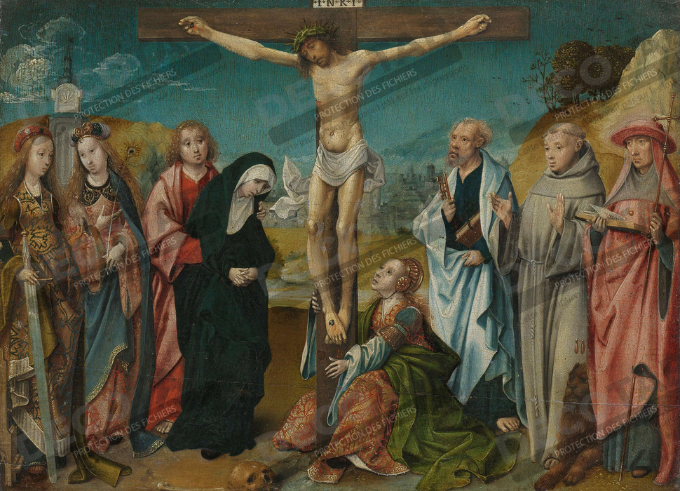 Reproduction Le Christ en croix, avec Marie, Jean, Marie Madeleine et saintes Cécile et Barbara (à gauche) et Pierre, François et Jérôme (à droite) de Cornelis Engebrechtsz