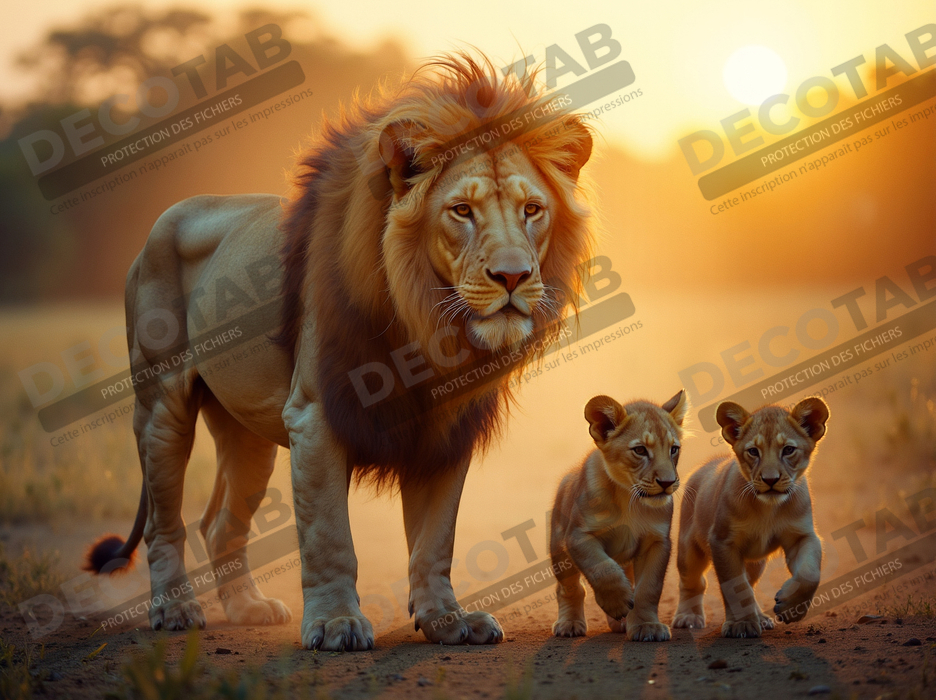 Tableau d'un lion et lionceaux dans la savane